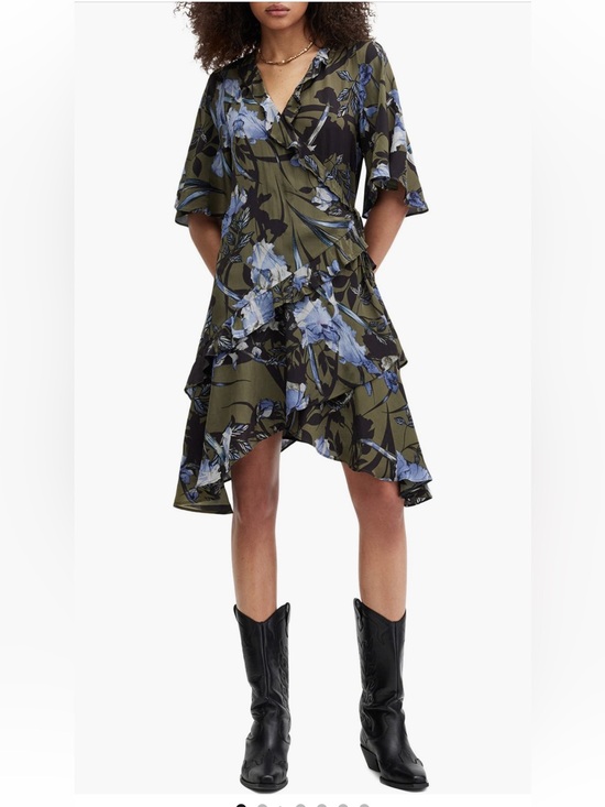 All Saints Dresses & Skirts - AllSaints Olive and Blue Floral High-Low Wrap Dress